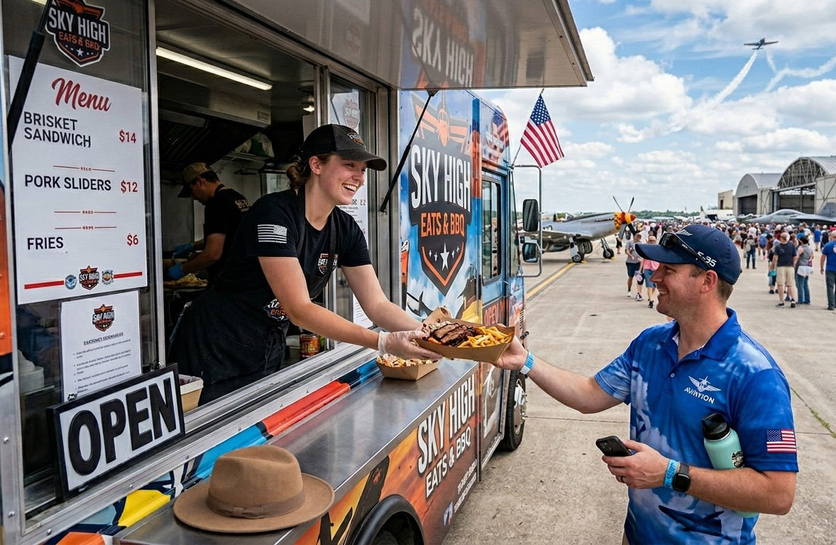 Vendor serves barbecue and fries from the Sky High Eats & BBQ food truck to an attendee at the Texas Capital Air Show, with vintage aircraft, crowds, and an aerobatic plane flying overhead in the background.