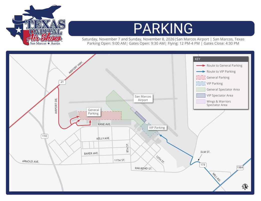 Texas Capital Air Show 2026 Parking Map 2026 Texas Capital Air Show parking map showing designated routes to General Parking via Airport Highway and Airport Drive, and VIP Parking via Highway 173, with parking areas and spectator zones marked at San Marcos Airport.