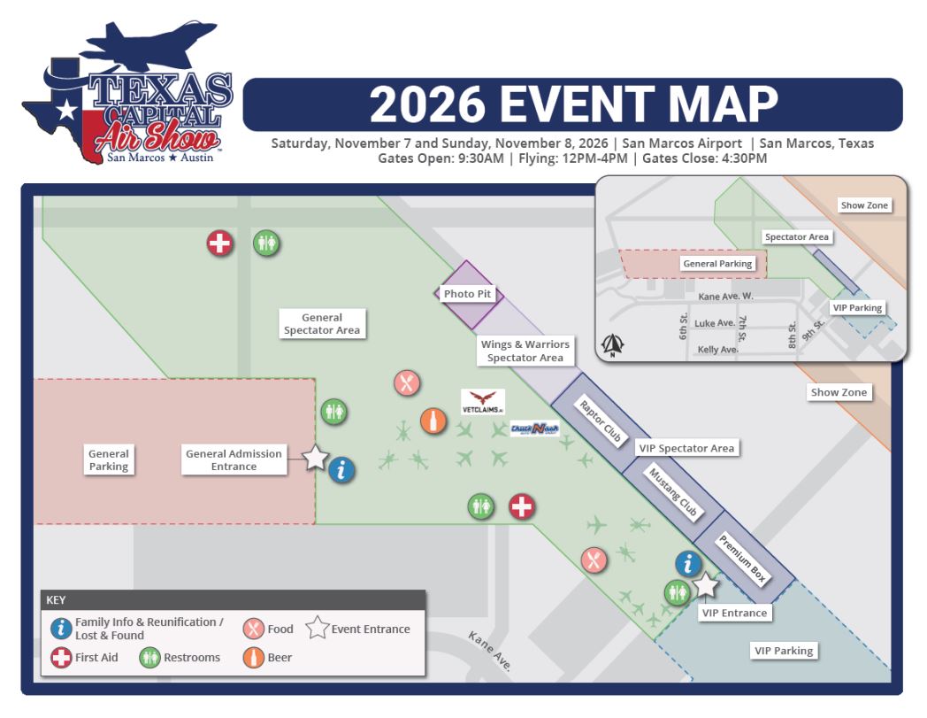 Texas Capital Air Show 2026 Venue Map 2026 Texas Capital Air Show event map showing general admission and VIP spectator areas, parking lots, entrances, club seating, restrooms, food and beverage locations, first aid, information stations, and lost and found at San Marcos Airport.